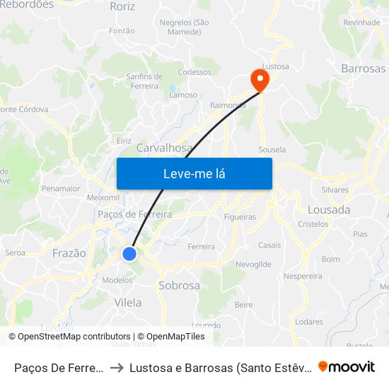 Paços De Ferreira to Lustosa e Barrosas (Santo Estêvão) map