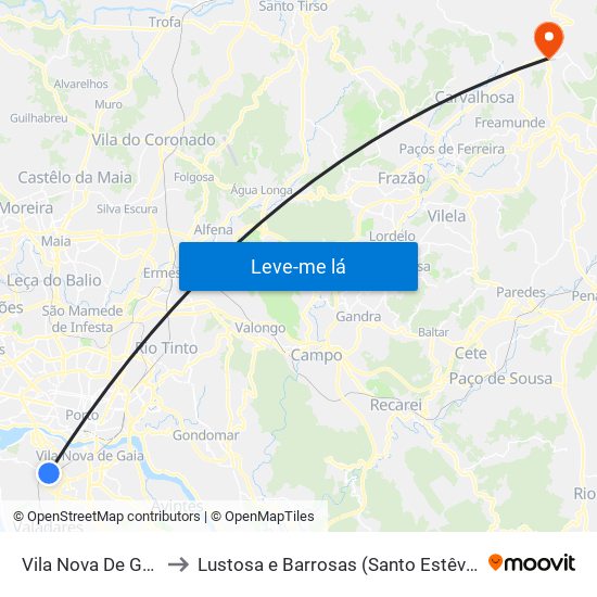 Vila Nova De Gaia to Lustosa e Barrosas (Santo Estêvão) map