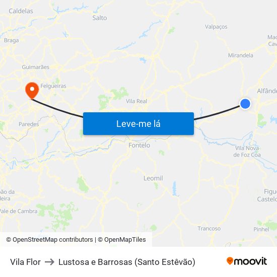 Vila Flor to Lustosa e Barrosas (Santo Estêvão) map