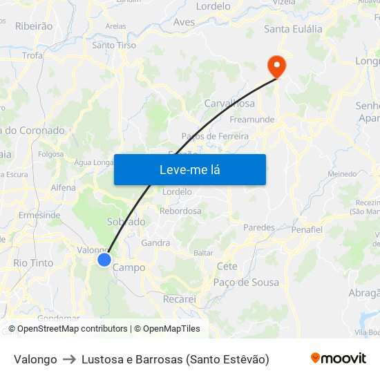 Valongo to Lustosa e Barrosas (Santo Estêvão) map