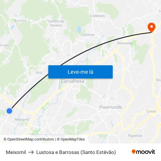 Meixomil to Lustosa e Barrosas (Santo Estêvão) map