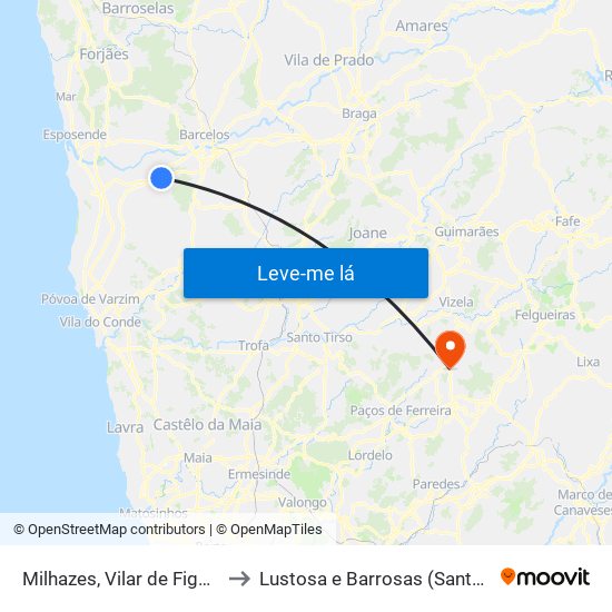Milhazes, Vilar de Figos e Faria to Lustosa e Barrosas (Santo Estêvão) map