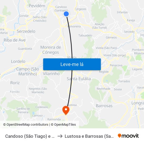 Candoso (São Tiago) e Mascotelos to Lustosa e Barrosas (Santo Estêvão) map