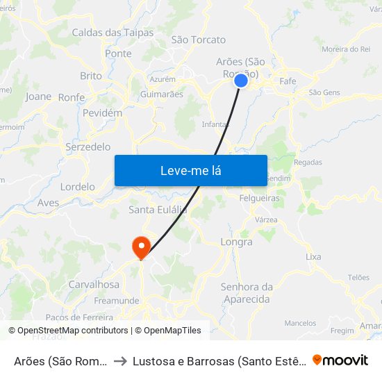 Arões (São Romão) to Lustosa e Barrosas (Santo Estêvão) map