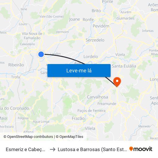 Esmeriz e Cabeçudos to Lustosa e Barrosas (Santo Estêvão) map