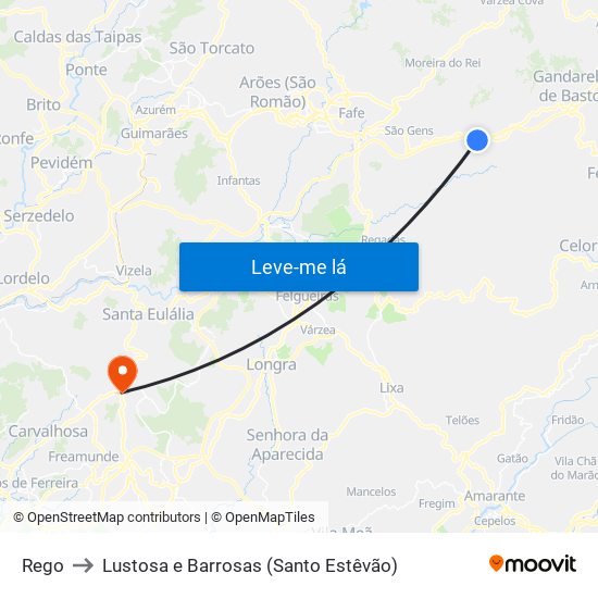 Rego to Lustosa e Barrosas (Santo Estêvão) map