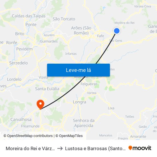 Moreira do Rei e Várzea Cova to Lustosa e Barrosas (Santo Estêvão) map