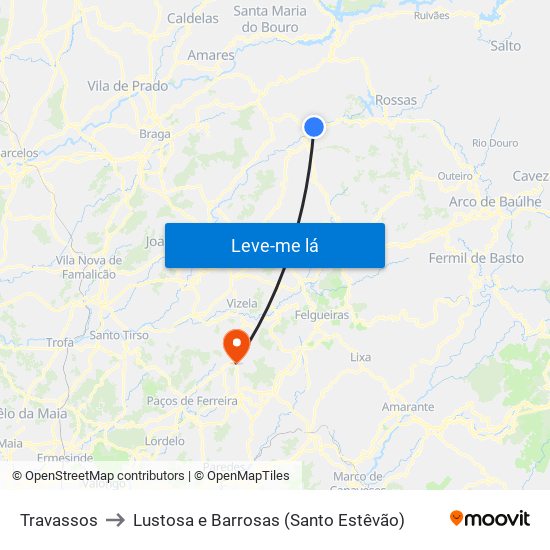 Travassos to Lustosa e Barrosas (Santo Estêvão) map