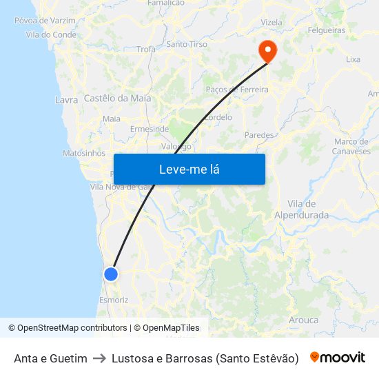 Anta e Guetim to Lustosa e Barrosas (Santo Estêvão) map