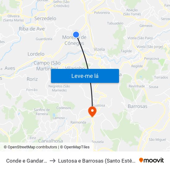 Conde e Gandarela to Lustosa e Barrosas (Santo Estêvão) map