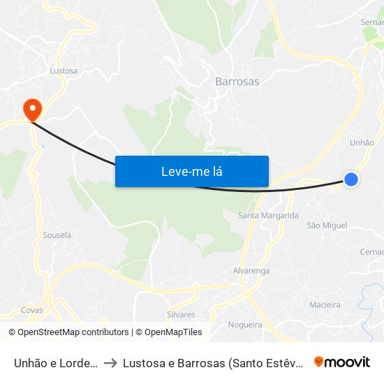 Unhão e Lordelo to Lustosa e Barrosas (Santo Estêvão) map