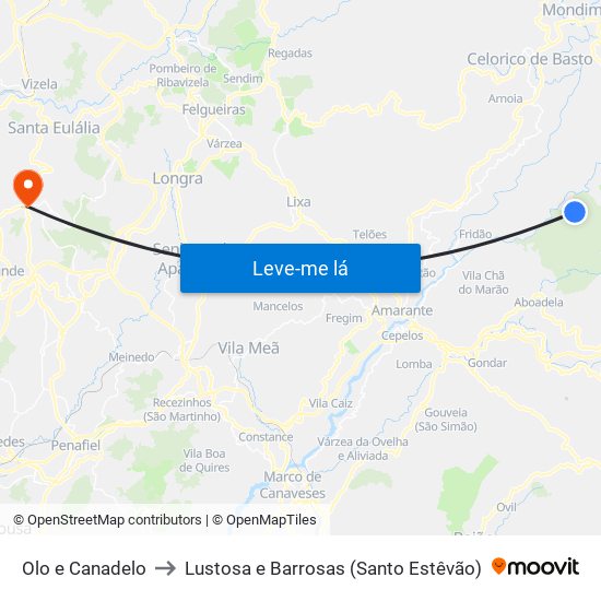 Olo e Canadelo to Lustosa e Barrosas (Santo Estêvão) map