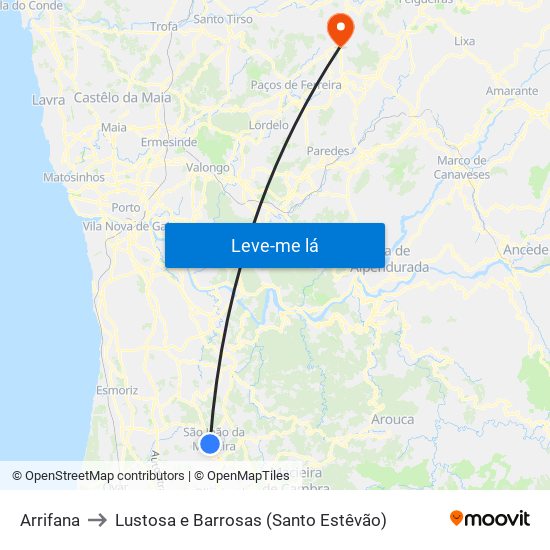 Arrifana to Lustosa e Barrosas (Santo Estêvão) map