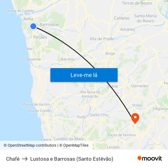 Chafé to Lustosa e Barrosas (Santo Estêvão) map