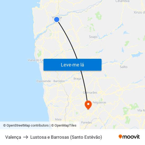 Valença to Lustosa e Barrosas (Santo Estêvão) map