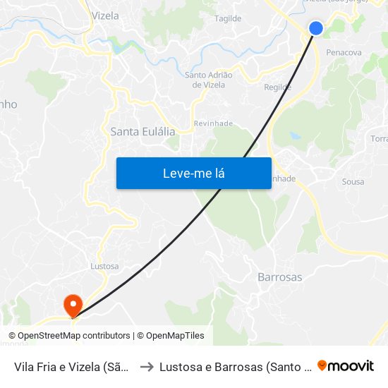Vila Fria e Vizela (São Jorge) to Lustosa e Barrosas (Santo Estêvão) map