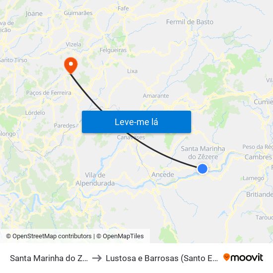 Santa Marinha do Zêzere to Lustosa e Barrosas (Santo Estêvão) map