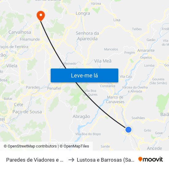 Paredes de Viadores e Manhuncelos to Lustosa e Barrosas (Santo Estêvão) map