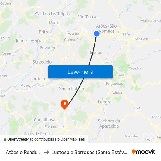 Atães e Rendufe to Lustosa e Barrosas (Santo Estêvão) map