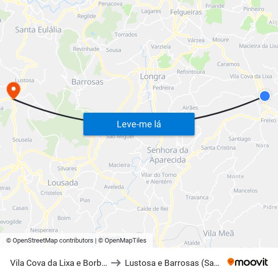 Vila Cova da Lixa e Borba de Godim to Lustosa e Barrosas (Santo Estêvão) map