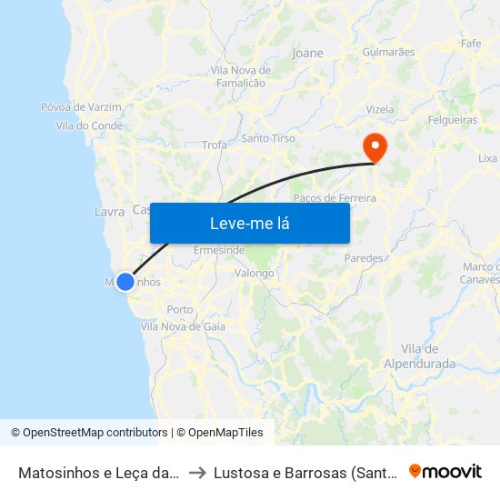 Matosinhos e Leça da Palmeira to Lustosa e Barrosas (Santo Estêvão) map