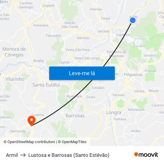 Armil to Lustosa e Barrosas (Santo Estêvão) map