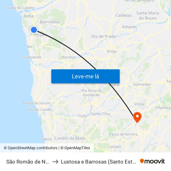 São Romão de Neiva to Lustosa e Barrosas (Santo Estêvão) map