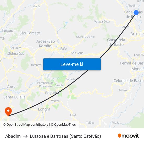 Abadim to Lustosa e Barrosas (Santo Estêvão) map