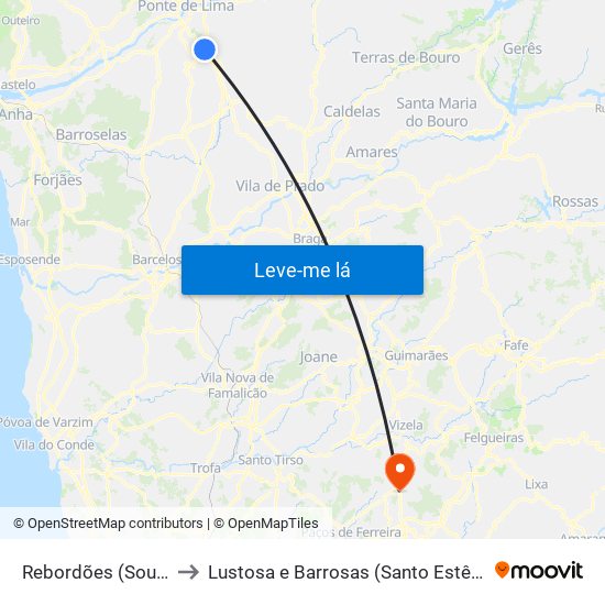 Rebordões (Souto) to Lustosa e Barrosas (Santo Estêvão) map