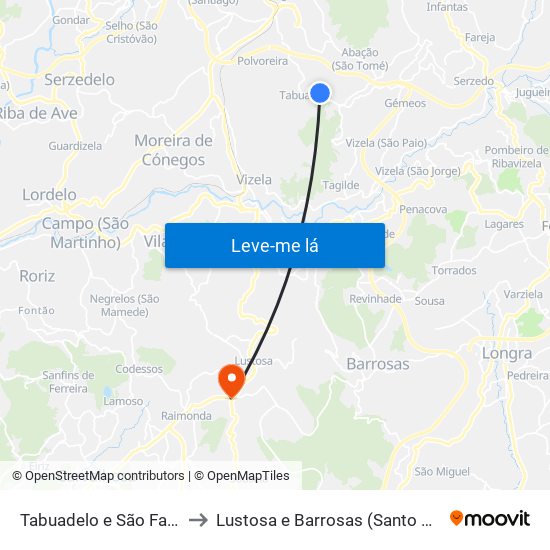 Tabuadelo e São Faustino to Lustosa e Barrosas (Santo Estêvão) map