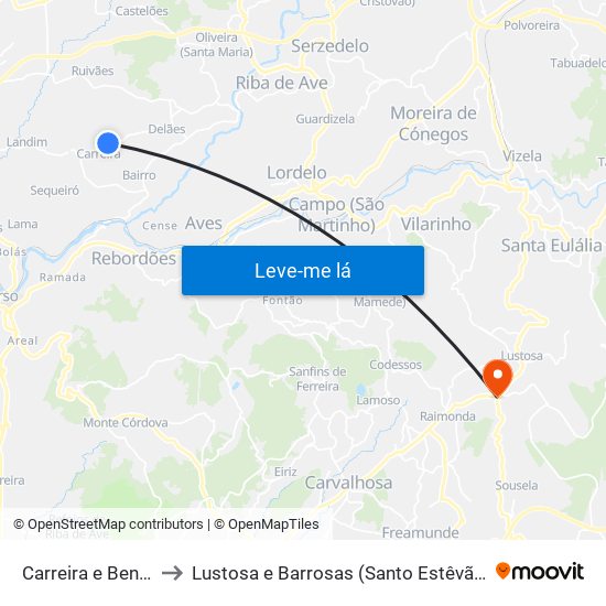 Carreira e Bente to Lustosa e Barrosas (Santo Estêvão) map