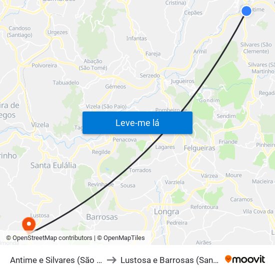 Antime e Silvares (São Clemente) to Lustosa e Barrosas (Santo Estêvão) map