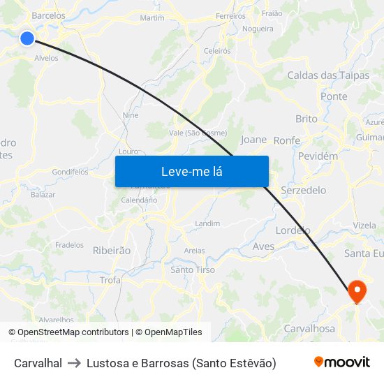 Carvalhal to Lustosa e Barrosas (Santo Estêvão) map