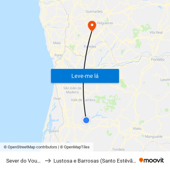 Sever do Vouga to Lustosa e Barrosas (Santo Estêvão) map