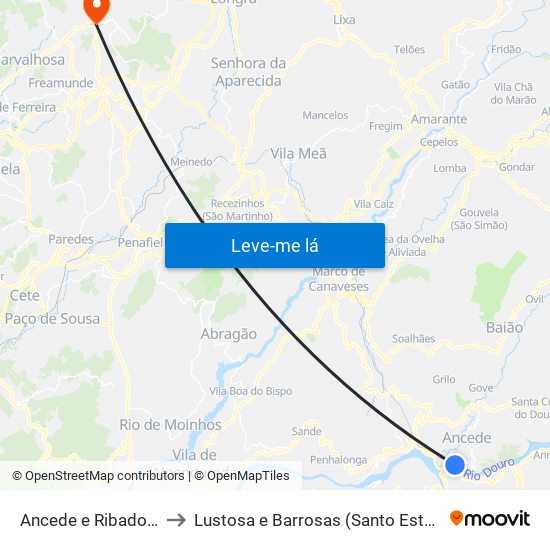 Ancede e Ribadouro to Lustosa e Barrosas (Santo Estêvão) map