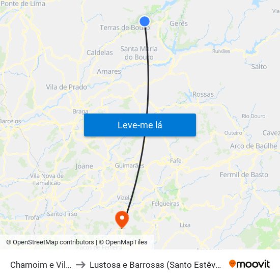 Chamoim e Vilar to Lustosa e Barrosas (Santo Estêvão) map