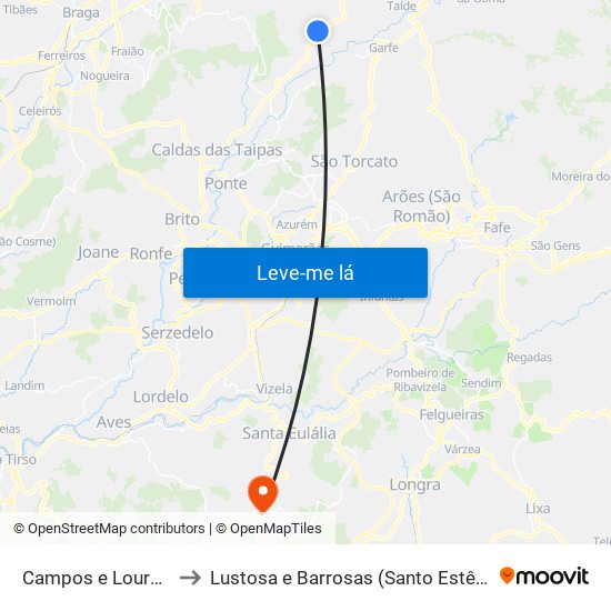 Campos e Louredo to Lustosa e Barrosas (Santo Estêvão) map