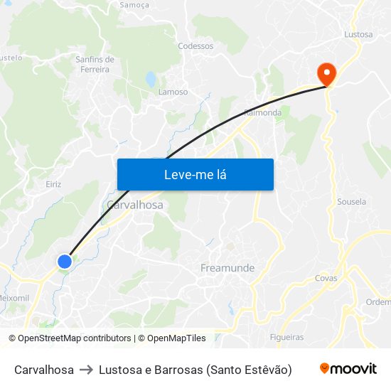 Carvalhosa to Lustosa e Barrosas (Santo Estêvão) map