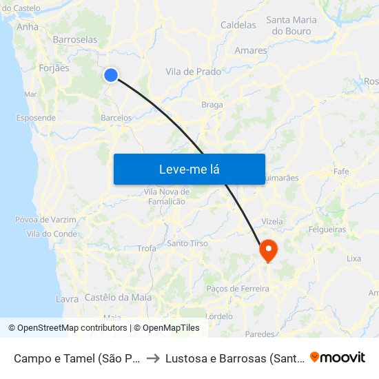 Campo e Tamel (São Pedro Fins) to Lustosa e Barrosas (Santo Estêvão) map