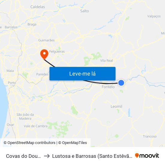 Covas do Douro to Lustosa e Barrosas (Santo Estêvão) map