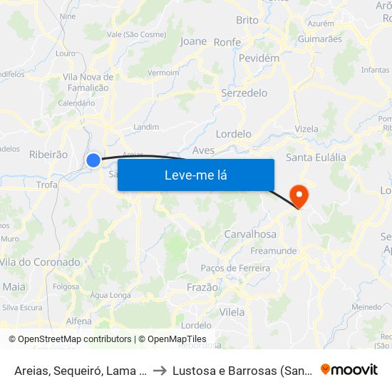 Areias, Sequeiró, Lama e Palmeira to Lustosa e Barrosas (Santo Estêvão) map