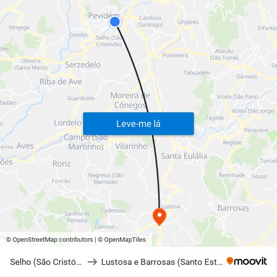 Selho (São Cristóvão) to Lustosa e Barrosas (Santo Estêvão) map