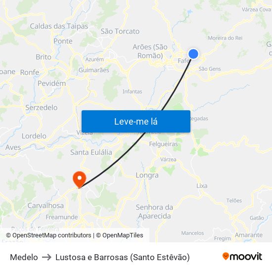 Medelo to Lustosa e Barrosas (Santo Estêvão) map