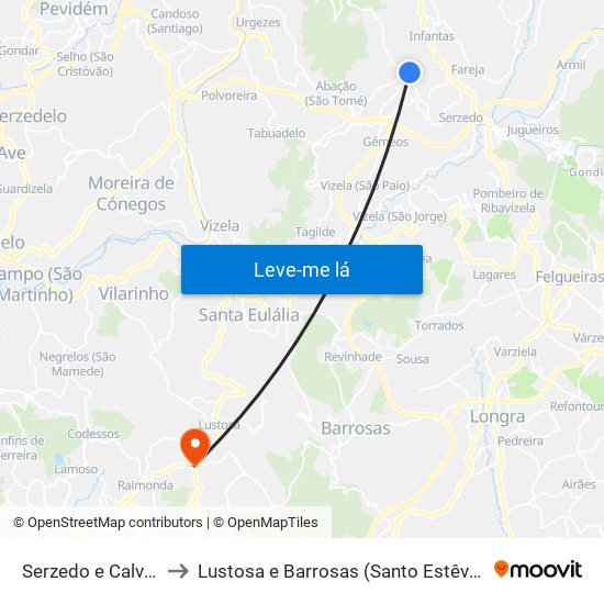 Serzedo e Calvos to Lustosa e Barrosas (Santo Estêvão) map