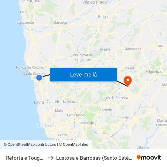Retorta e Tougues to Lustosa e Barrosas (Santo Estêvão) map