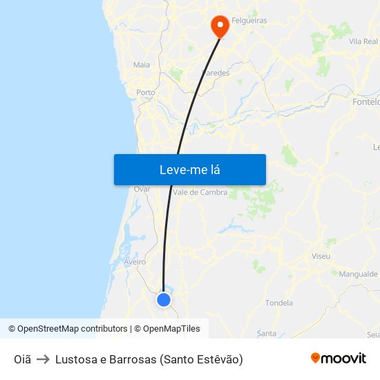 Oiã to Lustosa e Barrosas (Santo Estêvão) map