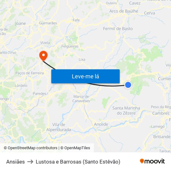 Ansiāes to Lustosa e Barrosas (Santo Estêvão) map