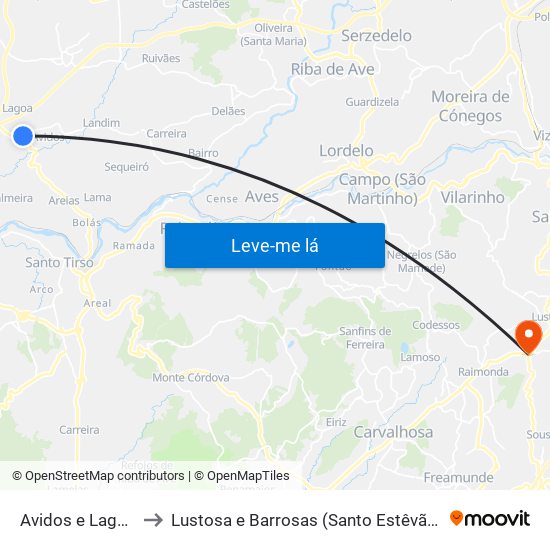 Avidos e Lagoa to Lustosa e Barrosas (Santo Estêvão) map