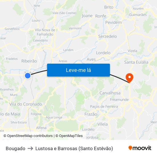 Bougado to Lustosa e Barrosas (Santo Estêvão) map