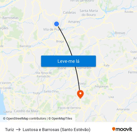 Turiz to Lustosa e Barrosas (Santo Estêvão) map